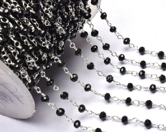 AAA Quality Black Onyx Hydro Micro Cut Rondelle Beads Rosary Chain 3mm, Silver Plated Wire Handmade Chain By Foot For Jewelry Necklace Craft