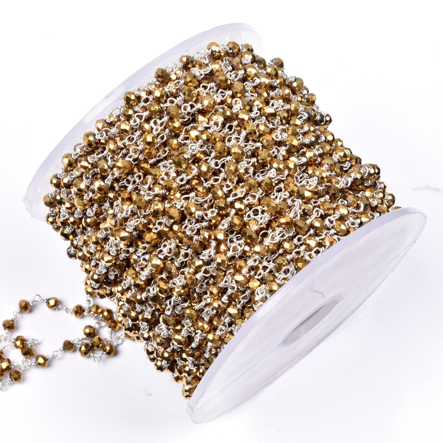 SALE 3,5,10,25Ft Golden Pyrite Hydro Faceted Rondelle Beaded Rosary Chain Silver Plated Wire,Jewelry Making Finding,Wire Wrapped Chain 3-3.5