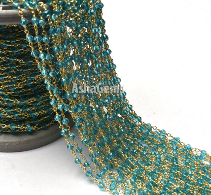 SALE 3,5,10,25 Feet Blue Topaz Hydro Faceted Rondelle Beaded Rosary Chain Gold Plated Wire,Jewelry Making Finding,Wire Wrapped Chain 3-3.5mm