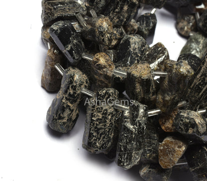 15"Strand Beautiful Tourmaline Rough Gemstone Beads, Natural Black Tourmaline Long Rough Side Drill Bead Tourmaline Raw Beads Jewelry Craft