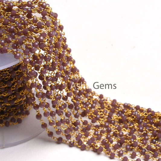 Dark Lavender Hydro Gold Plated Faceted Rondelle Beaded Rosary Chain,Bulk Roll Wire,Jewelry Making Finding,Rosary Chain 3-3.5mm,Beaded Chain