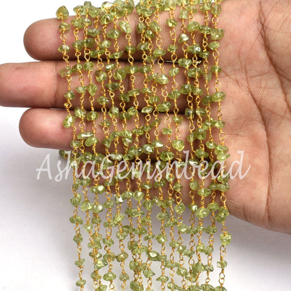 3,5,10,25 Feet Chain, Natural Green Peridot Uncut Chip Beads rosary Chain Gold Plated Wire Bulk Roll Smooth Gemstone Beaded Rosary Chain