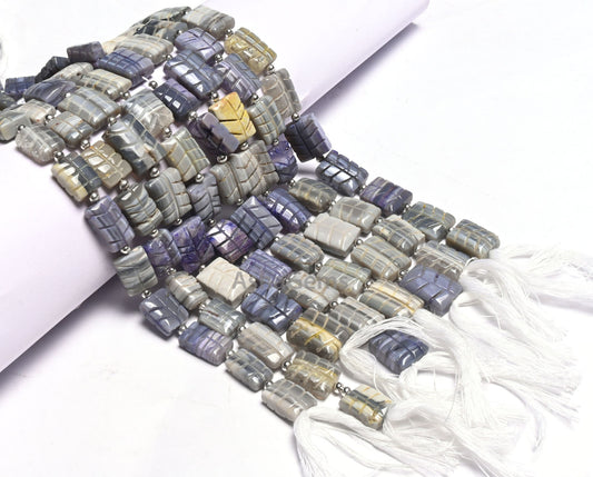 9" Shaded Grey Blue Opal carved Rectangle Shape Gemstone Beads, Opal carved Chicklet handmade Straight Drill Beads Jewelry making Craft SALE