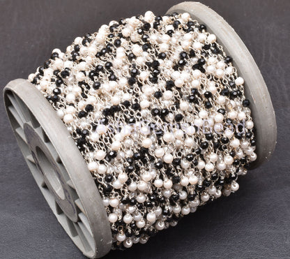 3,5,10,50 Feet Chain, Black spinel Hydro Pearl Beads Rosary Chain, Silver Plated Wire Bulk Roll Finding faceted Rondelle Beaded Rosary Chain