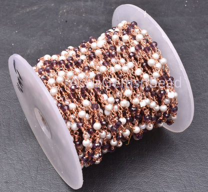 Beautiful White Pearl Garnet Hydro Faceted Rondelle Beads Rosary Chain Rose Gold Plated Copper Wire Wrap Chain SALE Jewelry making Craft 3mm