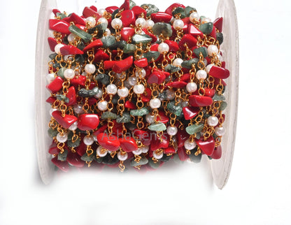 Beautiful Pearl Hydro, Red Stone, Emerald Uncut Chip Beads Rosary Chain, Gold, Silver Plated Multi Color Beaded Chains Jewelry Making Crafts