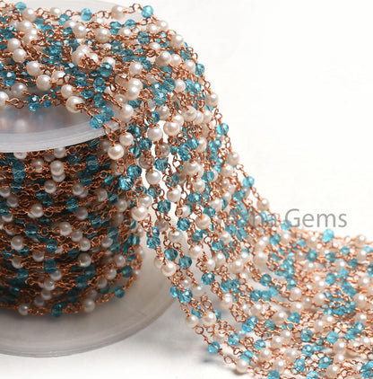 3,5,10,25,50Feet White Pearl, Blue Topaz Hydro Beads Rosary Chain Rondelle Beaded Rose Gold Plated Copper Wire Wrap Jewelry Making Chain 3mm