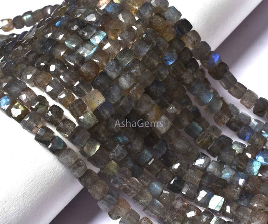 5 mm Labradorite Faceted Cube Gemstone Beads,7" Strand Natural Fire ;abradorite Faceted 3D Cube Box Beads, Black rainbow Box beads Jewelry