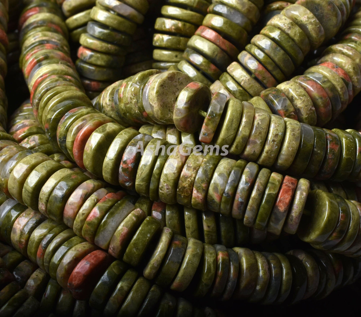 Beautiful Green Unakite Heishi Tyre Shape Beads,7.5-8mm Natural Unakite Flat Smooth Beads, Unakite Beads Gemstone Wheel Shape Beads Handmade