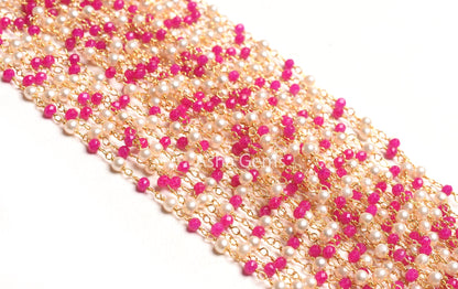 White Pearl Pink Chalcedony Hydro Beads Rosary Chain, Faceted Rondelle Beads 1,10,25 Feet Gold Plated Wire Roll Jewelry Making Finding Chain