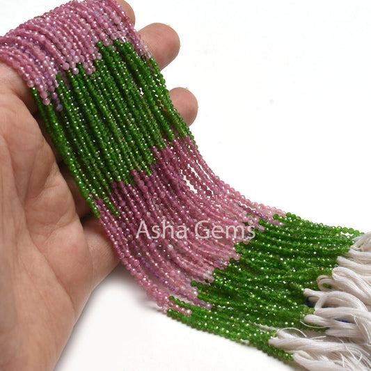 2.4 mm Natural Pink Tourmaline,13" Green Chrome Diopside Micro Cut Faceted Gemstone Beads, Rare Chrome Tourmaline Multi Rondelle  Beads SALE