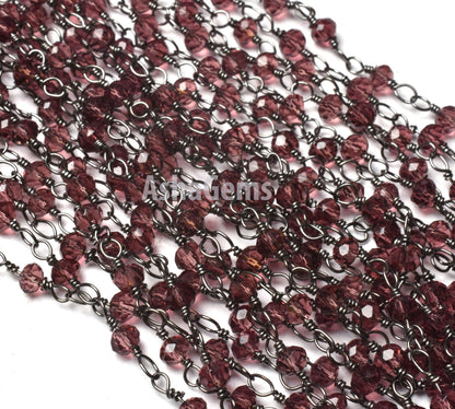 SALE 3,5,10,25 Ft Rhodolite Garnet Hydro Faceted Rondelle Beaded Rosary Chain Black Plated Wire,Jewelry Making Finding, Chain 3-3.5mm