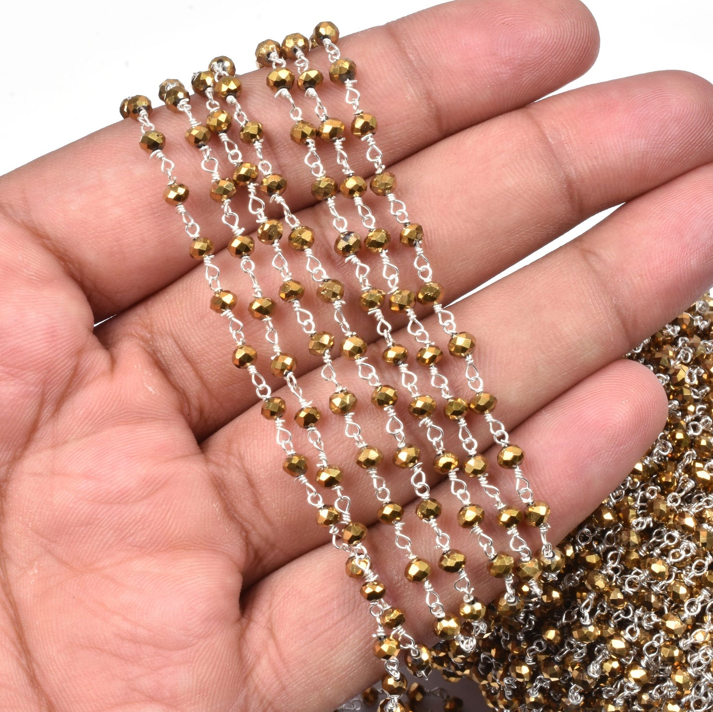 SALE 3,5,10,25Ft Golden Pyrite Hydro Faceted Rondelle Beaded Rosary Chain Silver Plated Wire,Jewelry Making Finding,Wire Wrapped Chain 3-3.5