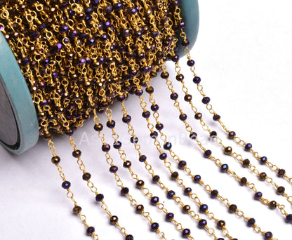 3,10,50 Foot Purple Mystic Pyrite Hydro Faceted Rondelle Beads Rosary Chain Gold Plated Wire Wrapped Beaded Chain Jewelry Making Crafts SALE