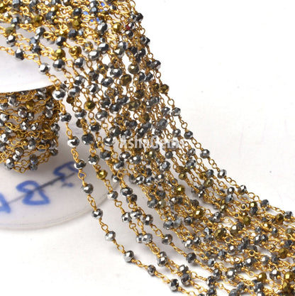 1,3,5,10 Ft, Silver Pyrite Hydro Faceted Rondelle Beaded Rosary Chain Gold Plated Wire Jewelry Making Finding,3-3.5mm Pyrite Hydro Chain