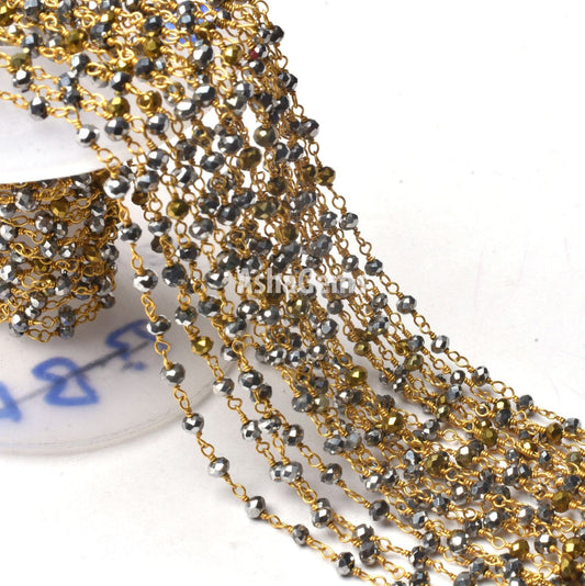 1,3,5,10 Ft, Silver Pyrite Hydro Faceted Rondelle Beaded Rosary Chain Gold Plated Wire Jewelry Making Finding,3-3.5mm Pyrite Hydro Chain