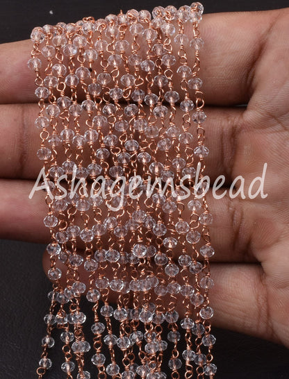 Beautiful White Crystal Quartz Hydro Faceted Rondelle Beads Rosary Chain,3mm Rose Gold Plated Copper Wire Chains Jewelry Making Rosary Chain