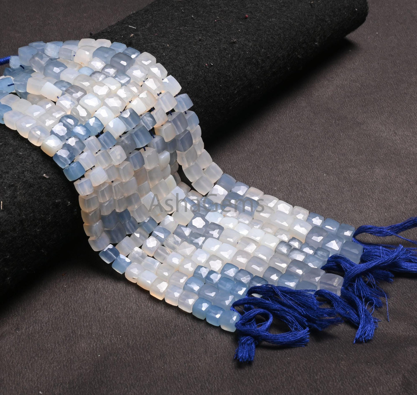 Beautiful Chalcedony Faceted 3D Cube Box Gemstone Beads,8" Shaded White Blue Chalcedony Box Shape Indian Cut Chalcedony Beads Jewelry Crafts
