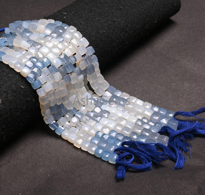 Beautiful Chalcedony Faceted 3D Cube Box Gemstone Beads,8" Shaded White Blue Chalcedony Box Shape Indian Cut Chalcedony Beads Jewelry Crafts