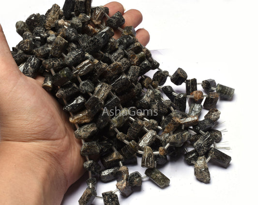 15"Strand Beautiful Tourmaline Rough Gemstone Beads, Natural Black Tourmaline Long Rough Side Drill Bead Tourmaline Raw Beads Jewelry Craft