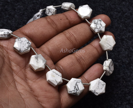 13 Piece strand  Howlite Faceted Hexagon Shape Gemstone beads, White Howlite Fancy 6 Corner Beads, Howlite Bead Briolette For Jewelry Making