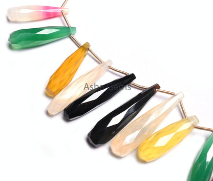 Fine Multi Color Chalcedony Fancy Pencil Drop Faceted Beads,6-34mm Disco Chalcedony Long Teardrop Gemstone Side Drill Briolette Bead Jewelry