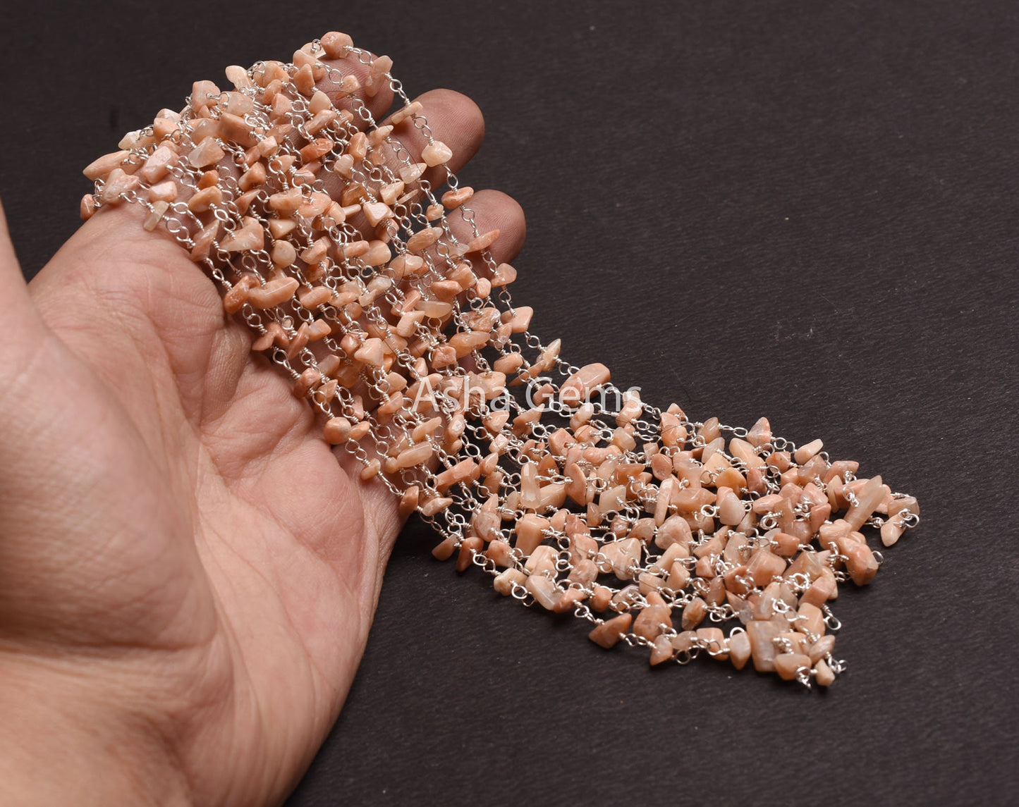 Natural Peach Moonstone Uncut Chip Beads Rosary Chain, Moonstone Raw Rough Gemstone Beaded Chain Silver Plated Wire Bulk Roll Chain Findings