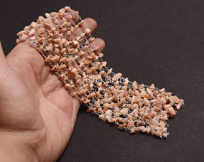 Natural Peach Moonstone Uncut Chip Beads Rosary Chain, Moonstone Raw Rough Gemstone Beaded Chain Silver Plated Wire Bulk Roll Chain Findings