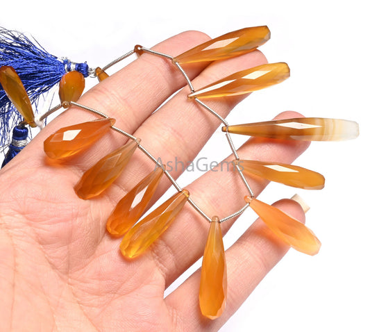 AAA Shaded Yellow Chalcedony Fancy Long Drop Faceted Beads, Chalcedony Pencil Teardrop Indian Cut Side Drill Briolette Gemstone Bead Jewelry