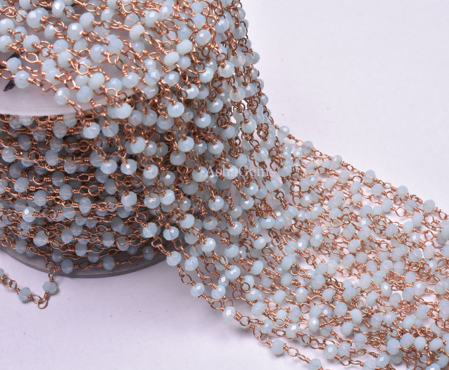 Beautiful Aqua Blue Chalcedony Hydro Beads Rosary Chain,3 mm Rose Gold Plated Wire Wrap Beaded Rondelle handmade Chain Jewelry Making Crafts