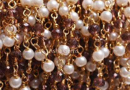 Rosary Chain by Foot Pearl Garnet Hydro Faceted Beads Chain Gold Plated Wire Bulk Roll Jewelry Making Rondelle Beaded Rosary Chain Craft DIY