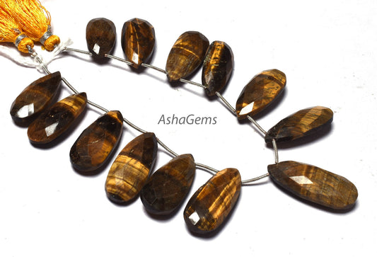 Beautiful Tiger Eye Faceted Pears Shape Beads,13 Piece Natural Tiger Eye Beads, Brown Tiger Eye Faceted Briolette Gemstone Teardrop Beads,8"