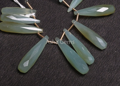 Fine Sea Green Chalcedony faceted Long Drops Gemstone Beads, Both Side Loop Opaque Aqua Chalcedony Fancy Pencil Teardrop Bead Jewelry Crafts
