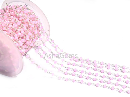 SALE Rosary Chain Silver, Gold, Black Plated Wire Wrap 3,10,25 Foot Pink Rose Quartz Hydro Faceted Bead Chain Jewelry Making Finding,3-3.5mm