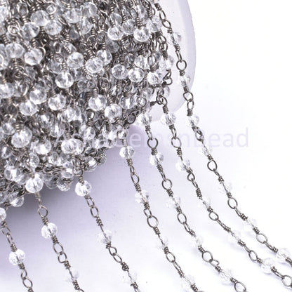 3,5,10,25 Feet,Crystal Quartz Hydro Rondelle Faceted Beads Rosary Chain, Black Plated Wire Jewelry Chain,Finding,3.5mm,Beaded Chain Gunmetal