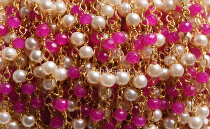 White Pearl Pink Chalcedony Hydro Beads Rosary Chain, Faceted Rondelle Beads 1,10,25 Feet Gold Plated Wire Roll Jewelry Making Finding Chain