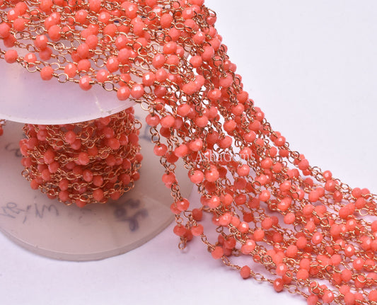3 mm Beautiful Orange Coral Hydro Micro Cut Beads Rosary Chain Rose gold plated copper Wire Wrap handmade Beaded Rondelle Chain Rosary Craft