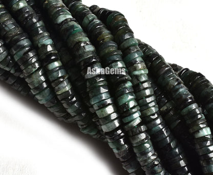 16" Strand Beautiful Emerald Smooth Heishi Tyre Beads/ Natural Shaded Green Emerald Plain Wheel Shape Beads, Emerald Beads For Jewelry craft