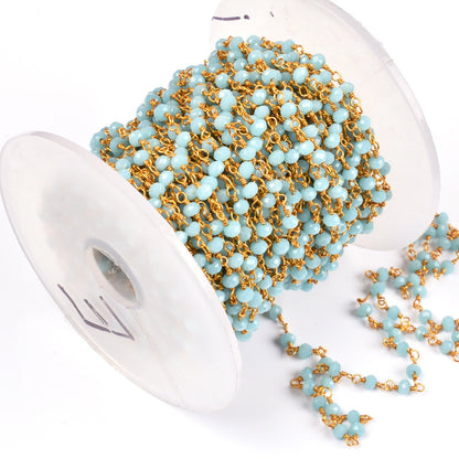 Beautiful Blue Larimar Hydro Faceted Rondelle Beads Rosary Chain By Feet,3 mm Gold Plated Wire Wrapped Handmade Beaded Chains Jewelry Crafts
