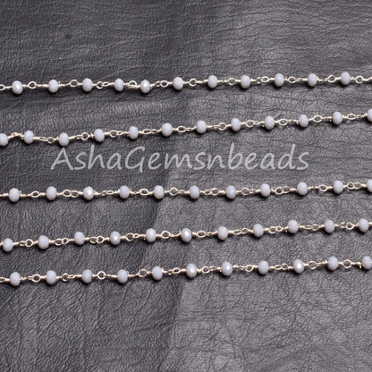 Grey Moonstone Hydro Rondelle Faceted Beads Rosary Chain Silver Plated Wire Wrap Jewelry Making Chains 3-3.5mm Bulk Roll Chain Necklace SALE