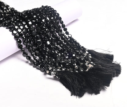 Fine Quality Black Spinal Smooth Coin Shape Gemstone Loose Beads,8" Natural Spinel Plain Handmade Coin Bead, Coal Black Spinel Beads Jewelry
