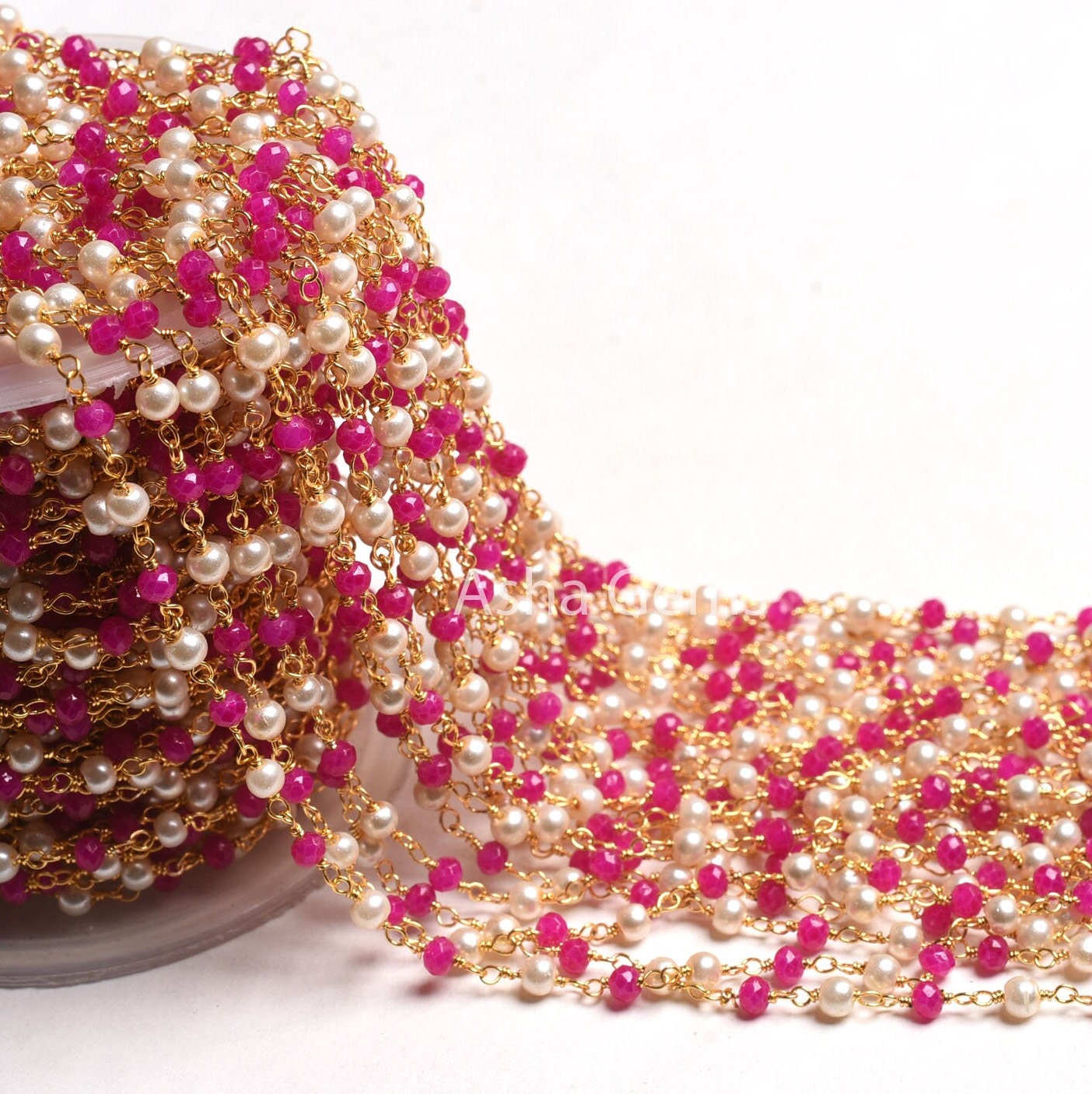 White Pearl Pink Chalcedony Hydro Beads Rosary Chain, Faceted Rondelle Beads 1,10,25 Feet Gold Plated Wire Roll Jewelry Making Finding Chain