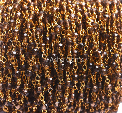 Beautiful Smoky Quartz Hydro faceted Beads Rosary Chain, Rosary Micro Cut Beaded Chain Gold Plated Wire Bulk Roll Jewelry Making Chains SALE