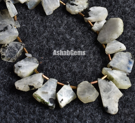 Natural Moos Rainbow Moonstone Slice Rough beads,13" Blue Fire Rainbow Raw Uneven Shape Beads, Black Dot Rainbow Moonstone Flat Slice beads