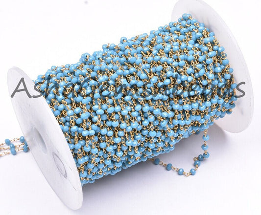 Beautiful Blue Turquoise Hydro Faceted Beads Rosary Chain,3 mm Gold Plated Wire Wrap Chain Jewelry Making Beaded Rosary Chains Handmade SALE