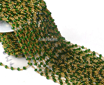 Green Chrome Diopside Hydro Faceted Rondelle Beads Rosary Chain Silver, Gold Plated Wire Wrap Jewelry Making Craft Beaded Rosary Chains SALE