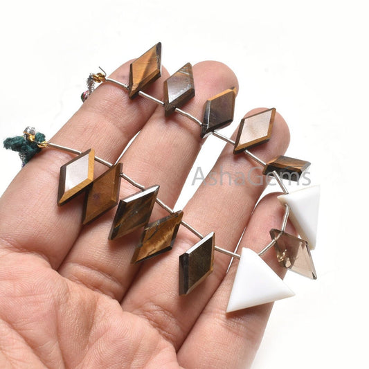 Natural Tiger Eye Fancy Rhombus+ 2 Piece White Agate Trillion Shape Faceted Beads, Multi Color Side Drill Fancy Gemstone Loose Beads Jewelry