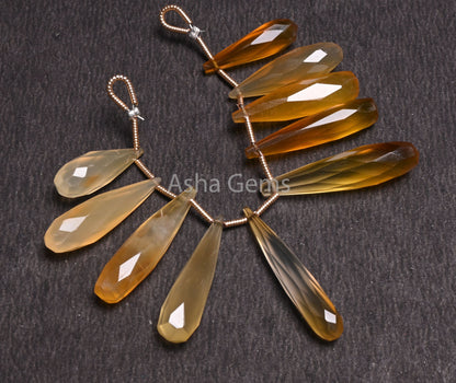 Fine Yellow Chalcedony Fancy Pencil Drop Shape Faceted Beads, Shaded Yellow Chalcedony Long Teardrop Briolette Gemstone Bead Jewelry Makings