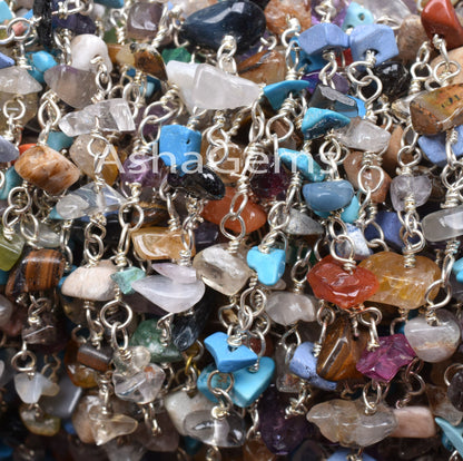 Natural Multi Disco Uncut Chips Rosary Chain silver Plated Wire Bulk Roll, multi Color Gemstone Beads Chain Beaded Rosary Chain By Foot SALE
