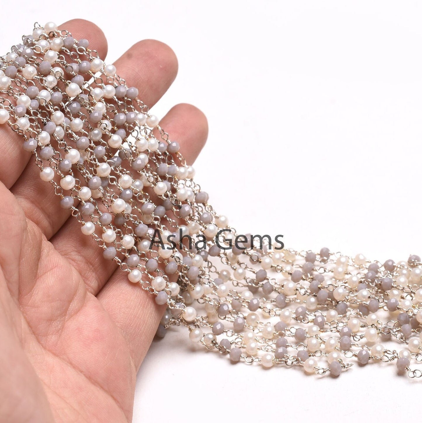 Pearl Grey Moonstone Hydro Beads Rosary Chain 3mm Faceted Rondelle Beads Silver Plated Wire Wrapped Chains Jewelry Making Finding Chain SALE
